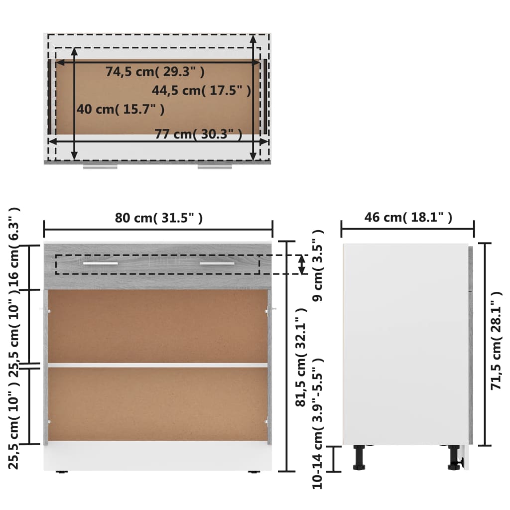 Dulap inferior cu sertar gri sonoma 80x46x81,5cm lemn prelucrat