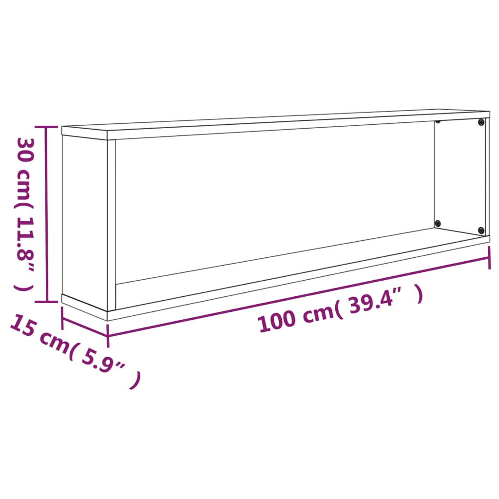 Rafturi de perete cub, 2 buc., gri sonoma, 100x15x30 cm, lemn