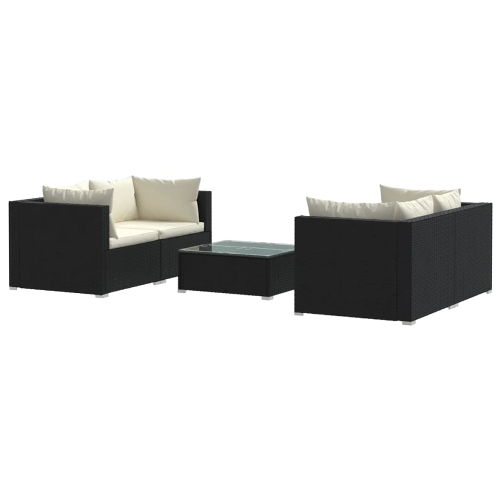 Set mobilier de grădină cu perne, 5 piese, negru, poliratan