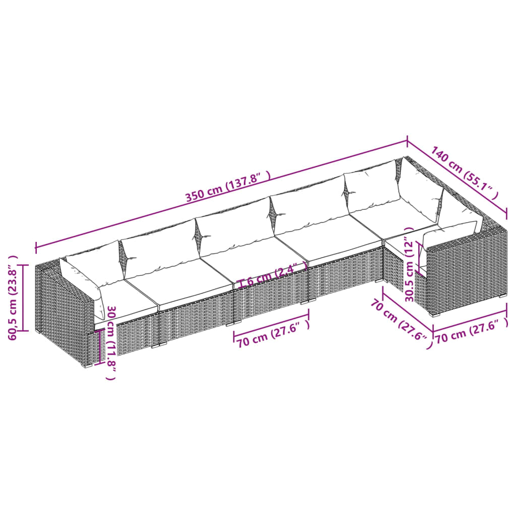 Set mobilier de grădină cu perne, 6 piese, gri, poliratan