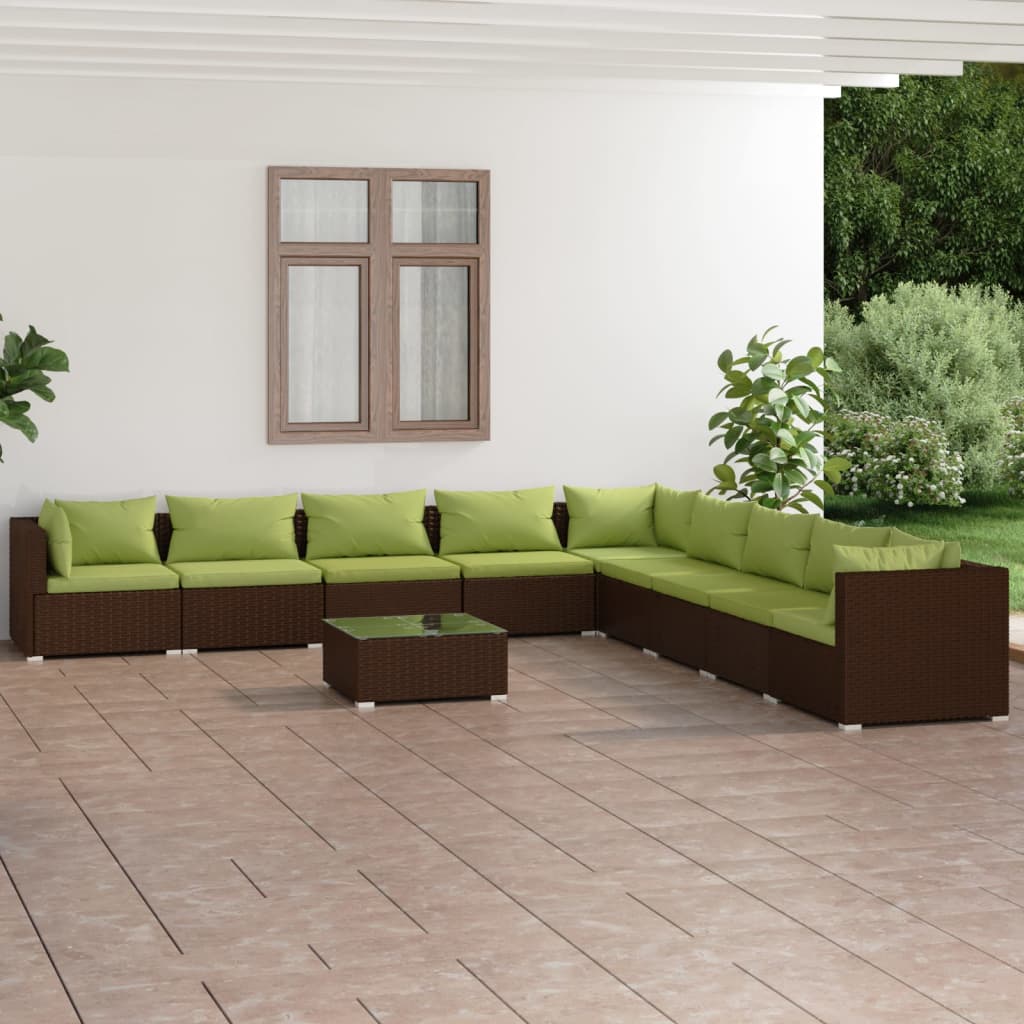Set mobilier de grădină cu perne, 10 piese, maro, poliratan - Lando