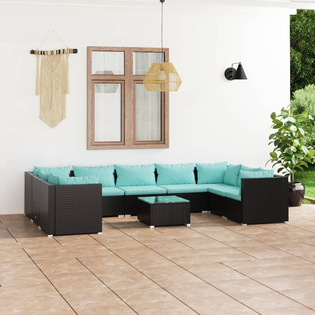 Set mobilier de grădină cu perne, 10 piese, negru, poliratan - Lando