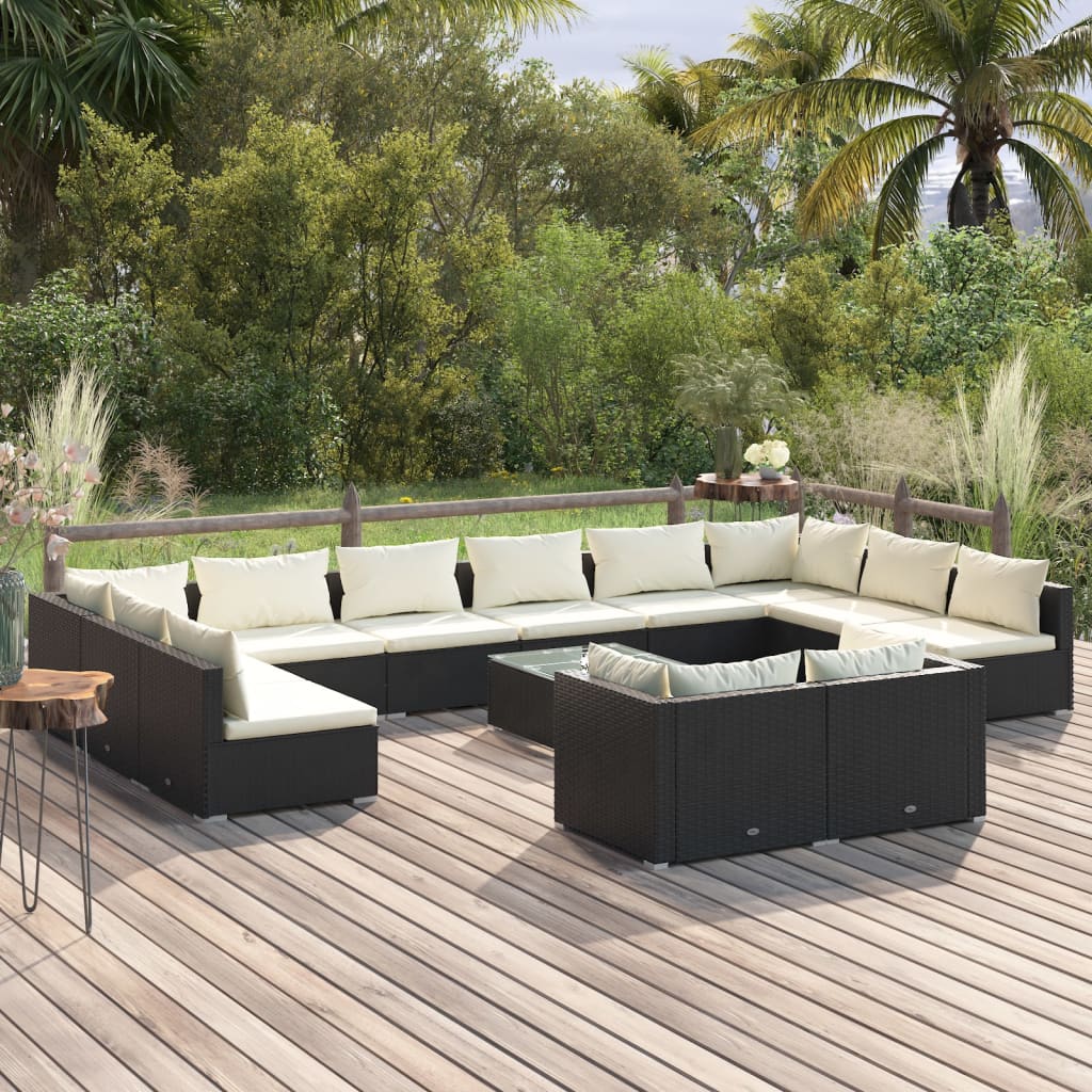 Set mobilier de grădină cu perne, 13 piese, negru, poliratan - Lando