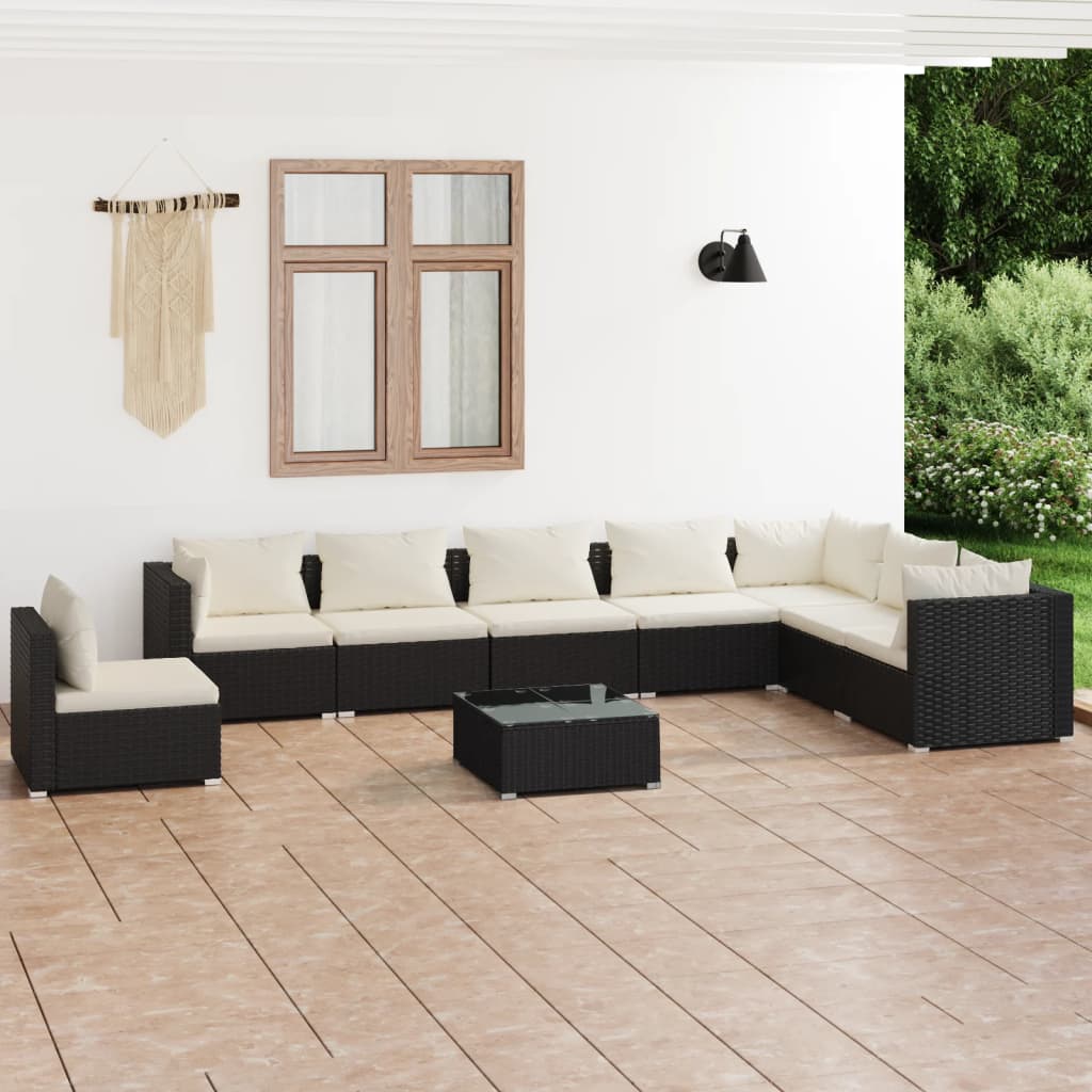 Set mobilier de grădină cu perne, 9 piese, negru, poliratan - Lando