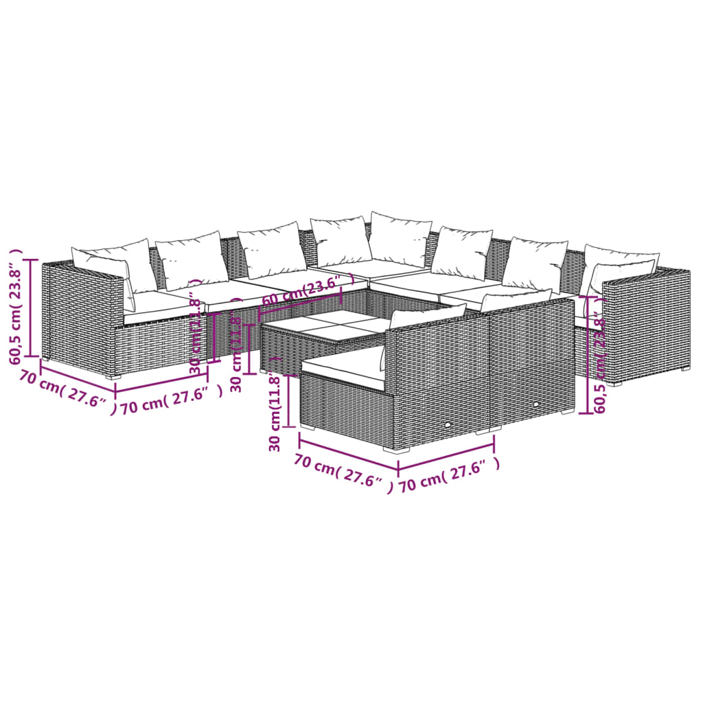 Set mobilier de grădină cu perne, 10 piese, maro, poliratan