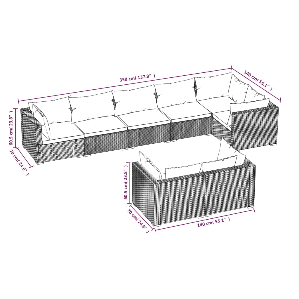 Set mobilier de grădină cu perne, 8 piese, maro, poliratan - Lando