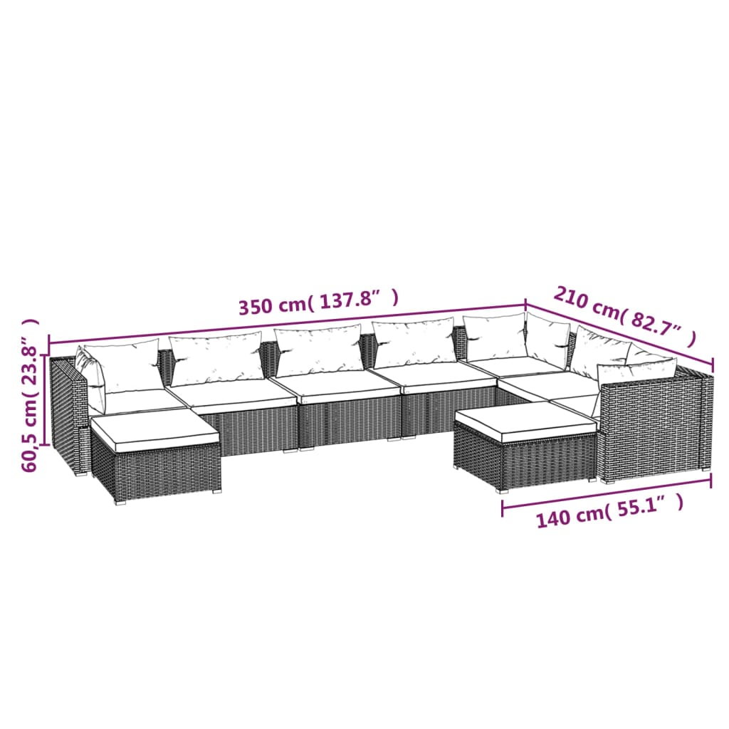 Set mobilier de grădină cu perne, 9 piese, maro, poliratan