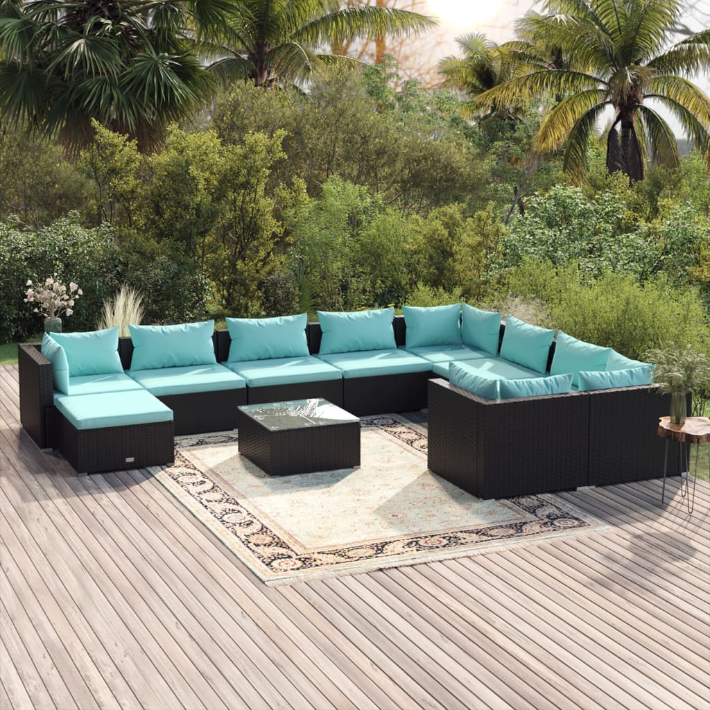Set mobilier de grădină cu perne, 11 piese, negru, poliratan - Lando