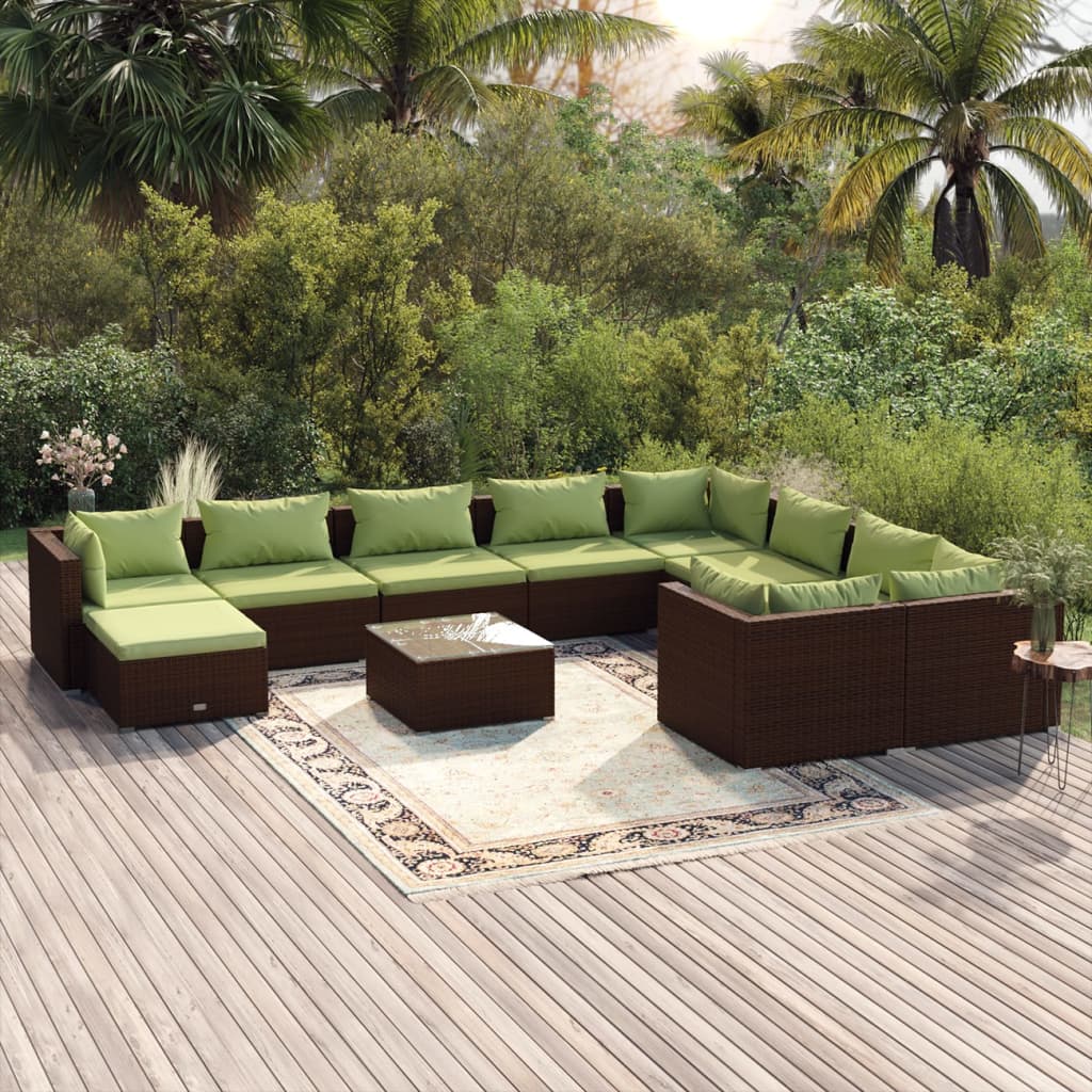 Set mobilier de grădină cu perne, 11 piese, maro, poliratan - Lando