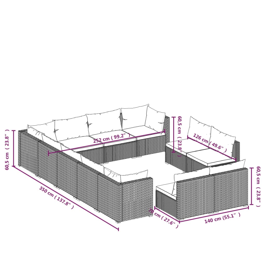 Set mobilier de grădină cu perne, 12 piese,negru, poliratan - Lando