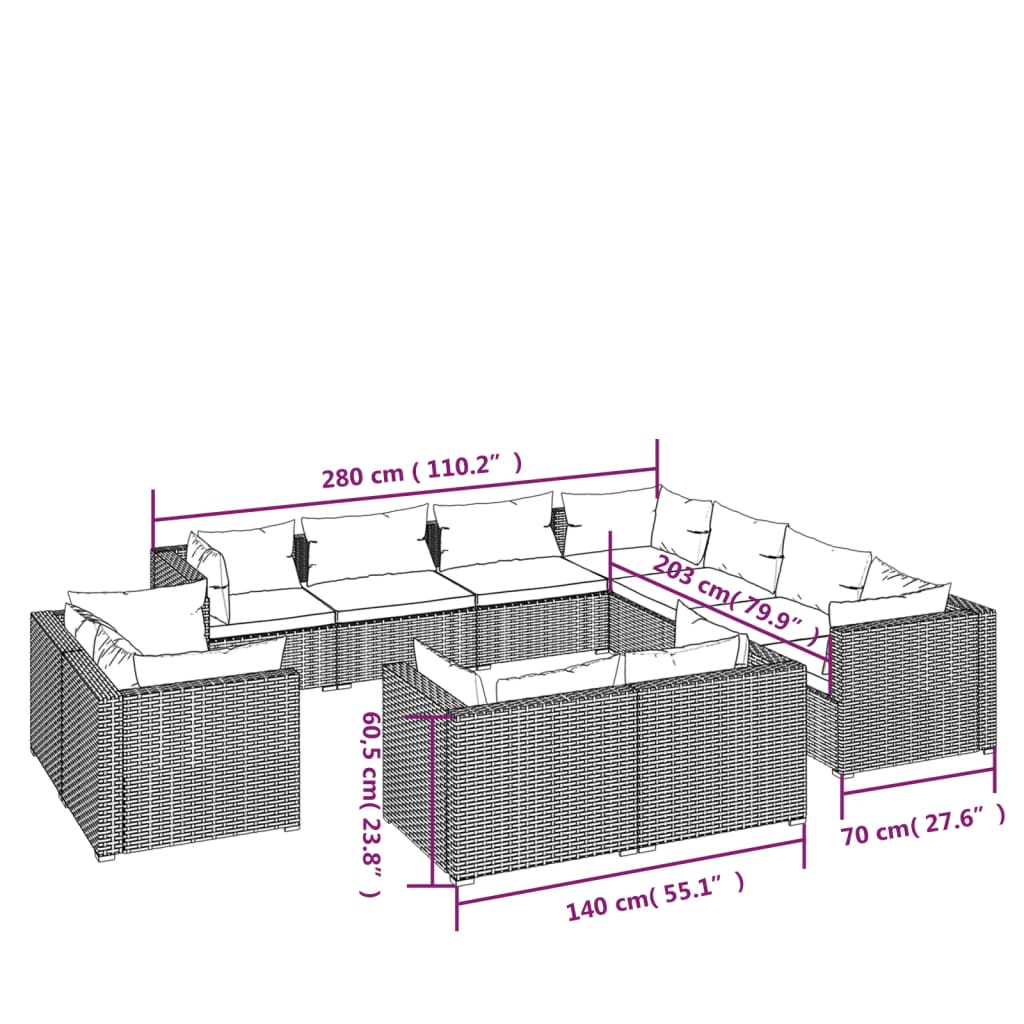 Set mobilier de grădină cu perne, 11 piese, maro, poliratan