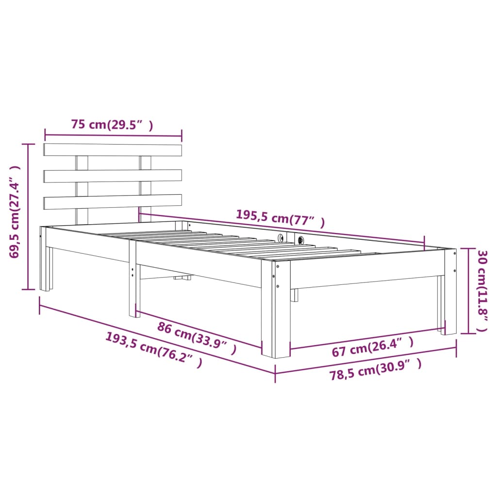 Cadru de pat mic single, alb, 75x190 cm, lemn masiv