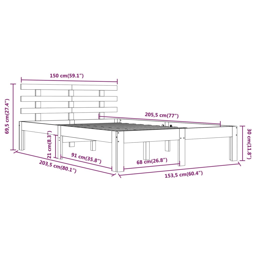 Cadru de pat King Size, gri, 150x200 cm, lemn masiv