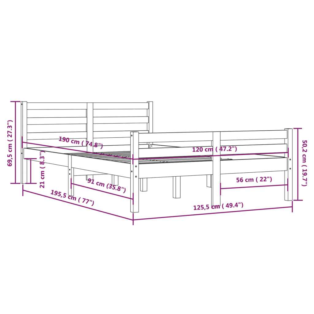 Cadru de pat mic dublu, gri, 120x190 cm, lemn masiv