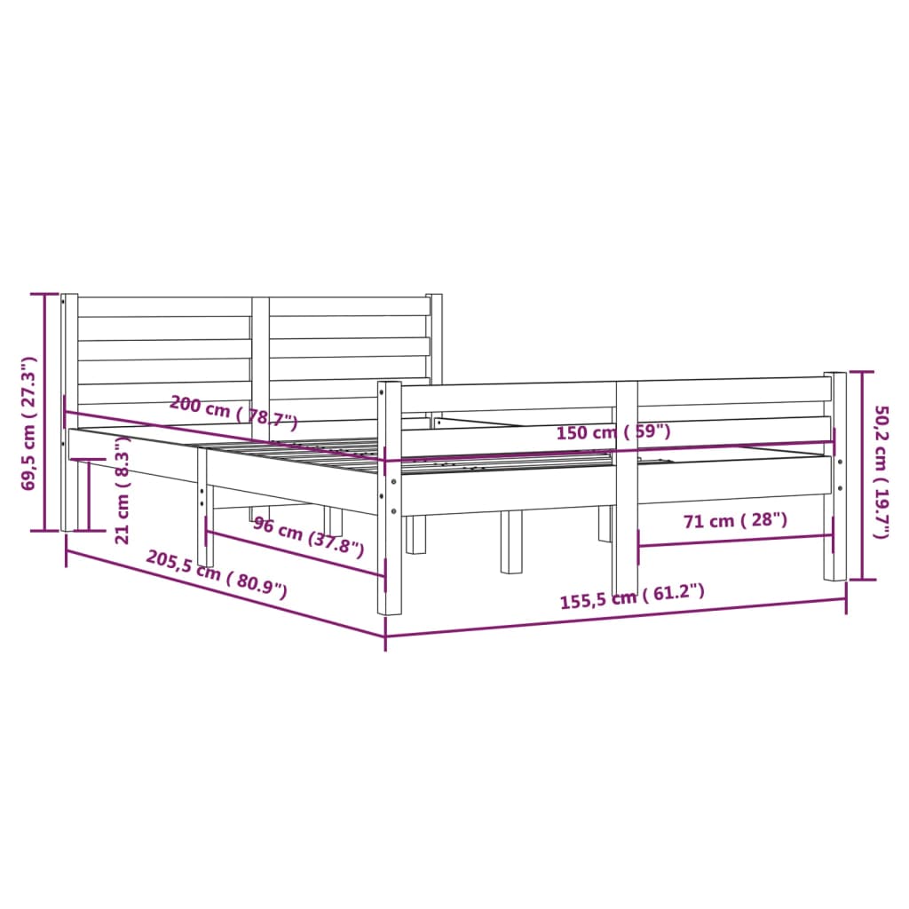 Cadru de pat King Size, gri, 150x200 cm, lemn masiv