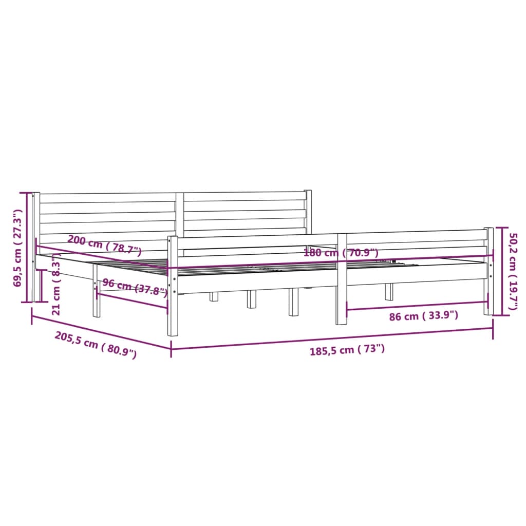 Cadru de pat Super King, alb, 180x200 cm, lemn masiv