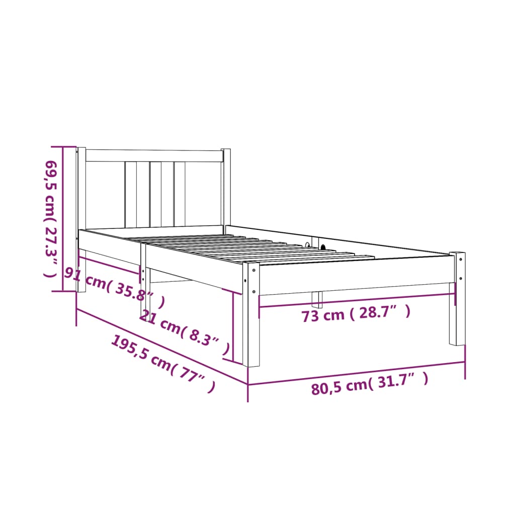 Cadru de pat mic single, negru, 75x190 cm, lemn masiv