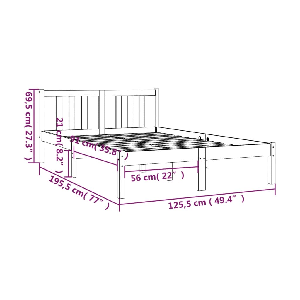 Cadru de pat mic dublu, gri, 120x190 cm, lemn masiv