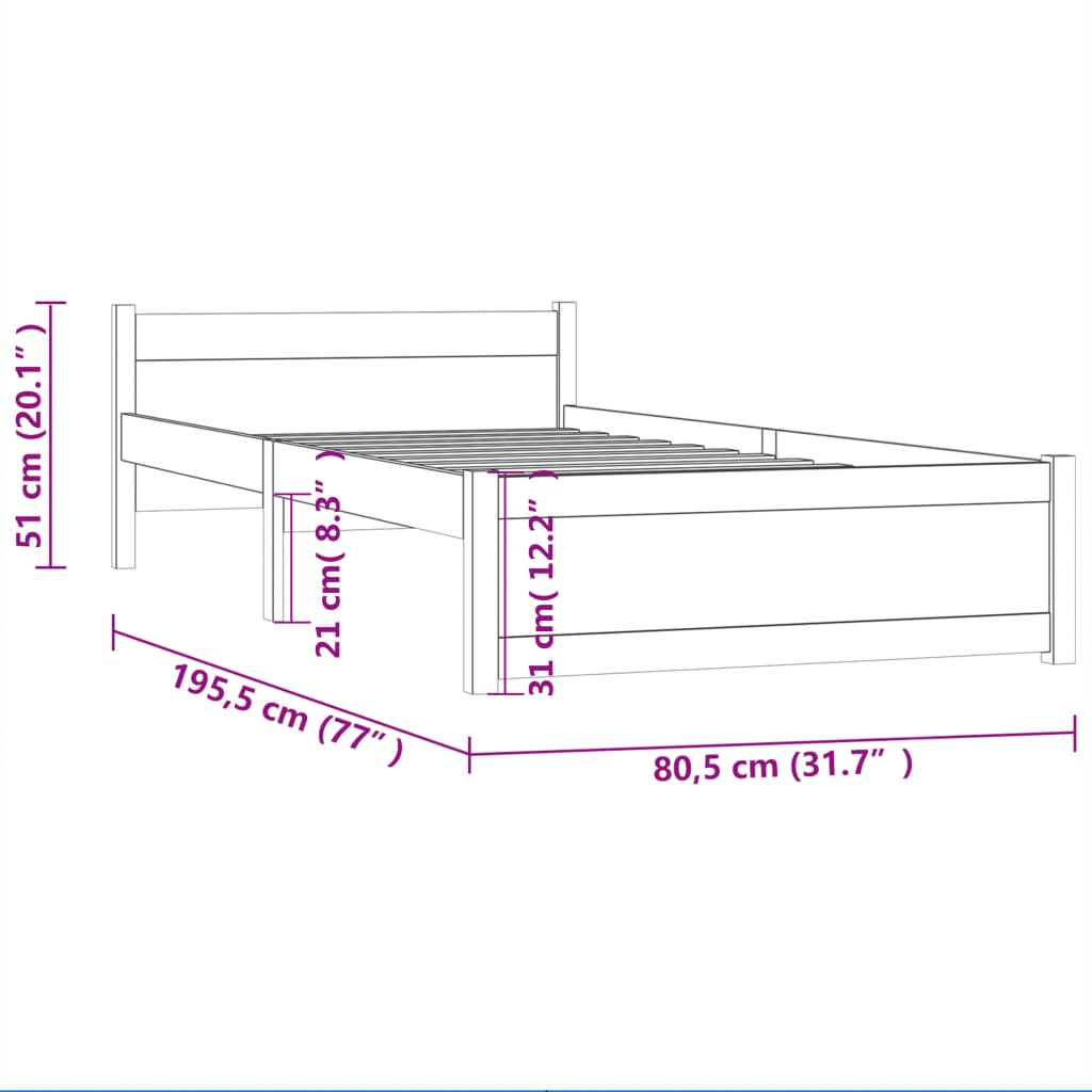 Cadru de pat mic single, alb, 75x190 cm, lemn masiv