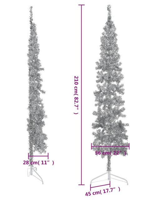 Încărcați imaginea în vizualizatorul Galerie, Jumătate brad de Crăciun subțire cu suport, argintiu, 210 cm
