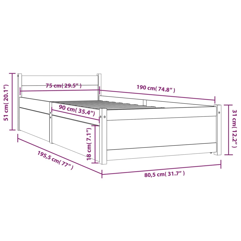 Cadru de pat cu sertare Small Single, 75x190 cm