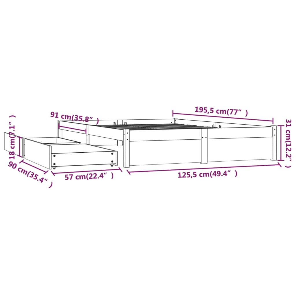 Cadru de pat cu sertare Small Double, alb, 120x190 cm