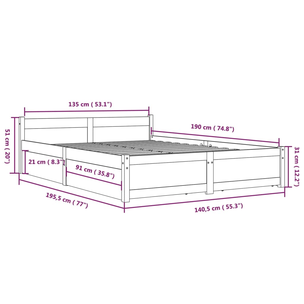 Cadru de pat cu sertare Double, alb, 135x190 cm