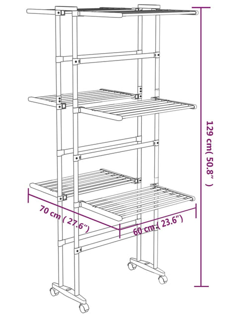 Încărcați imaginea în vizualizatorul Galerie, Suport uscare rufe, 3 niveluri, cu roți, argintiu, 60x70x129 cm
