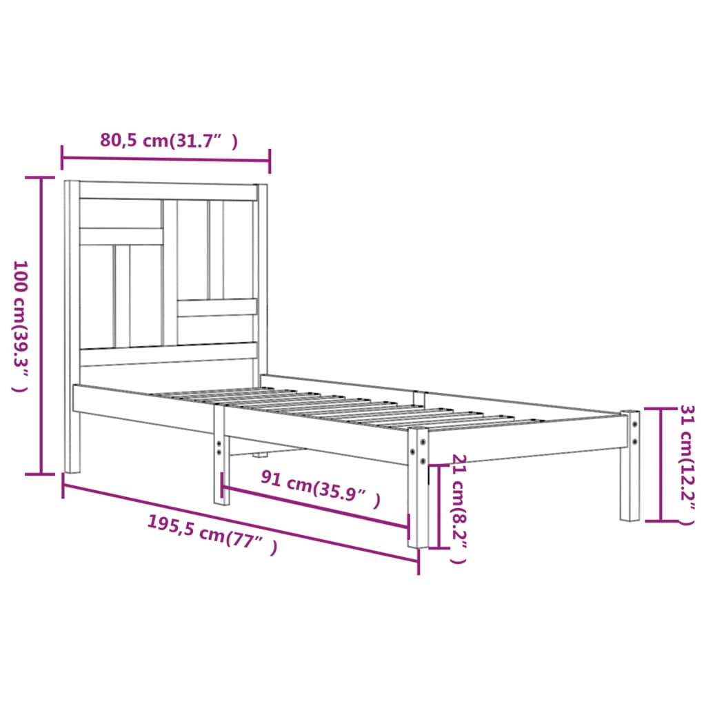 Cadru de pat mic single, 75x190 cm, lemn masiv