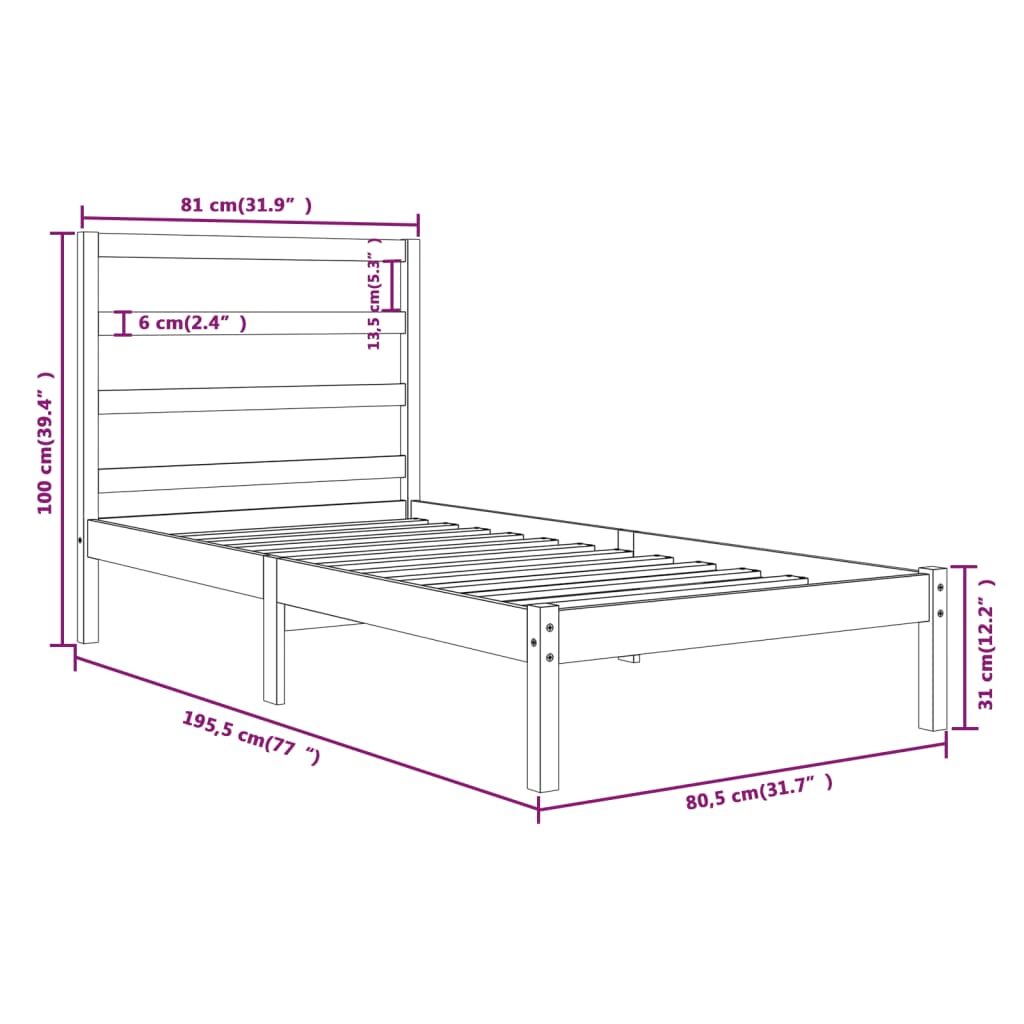 Cadru de pat mic single, alb, 75x190 cm, lemn masiv