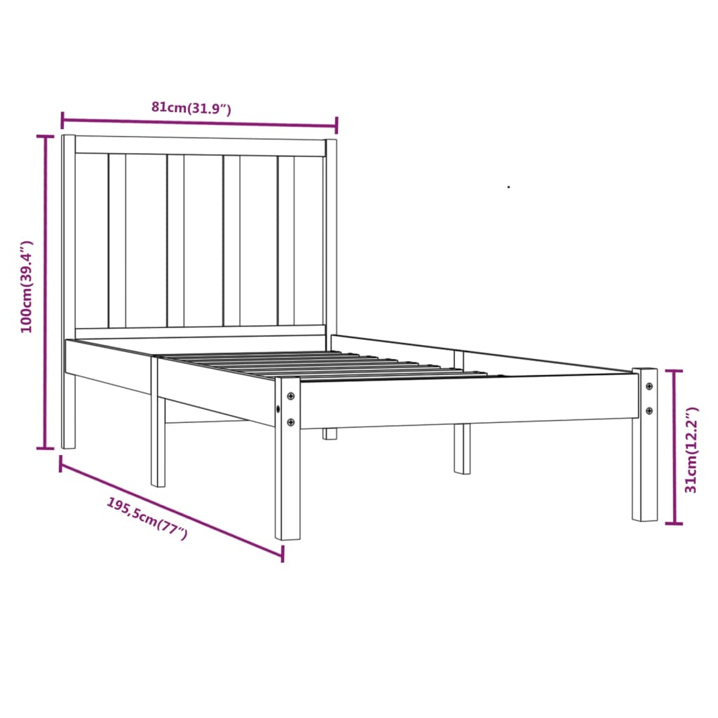 Cadru de pat mic single, 75x190 cm, lemn masiv de pin