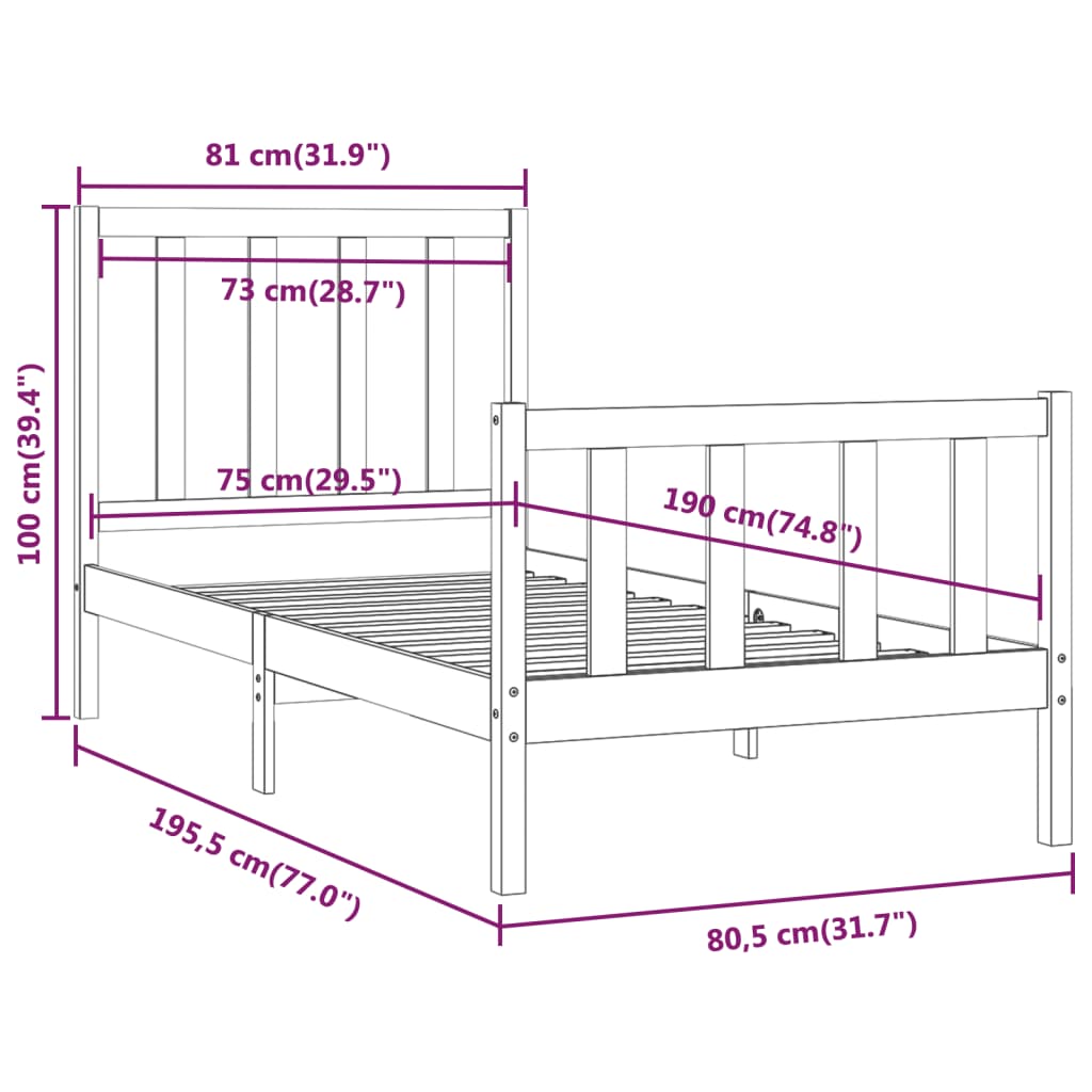 Cadru de pat mic single, alb, 75x190 cm, lemn masiv