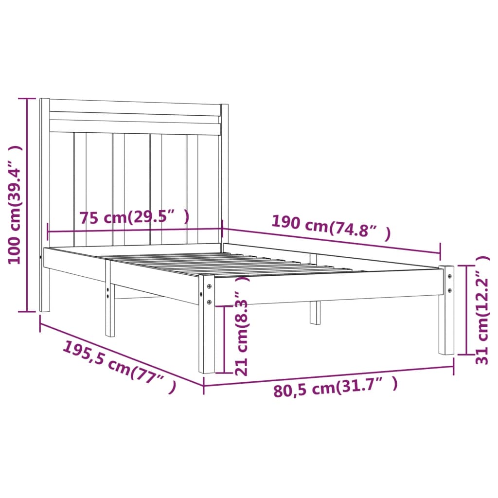 Cadru de pat mic single, negru, 75x190 cm, lemn masiv