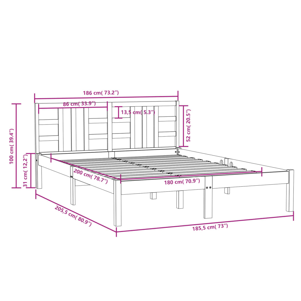 Cadru de pat Super King, gri, 180x200 cm, lemn masiv