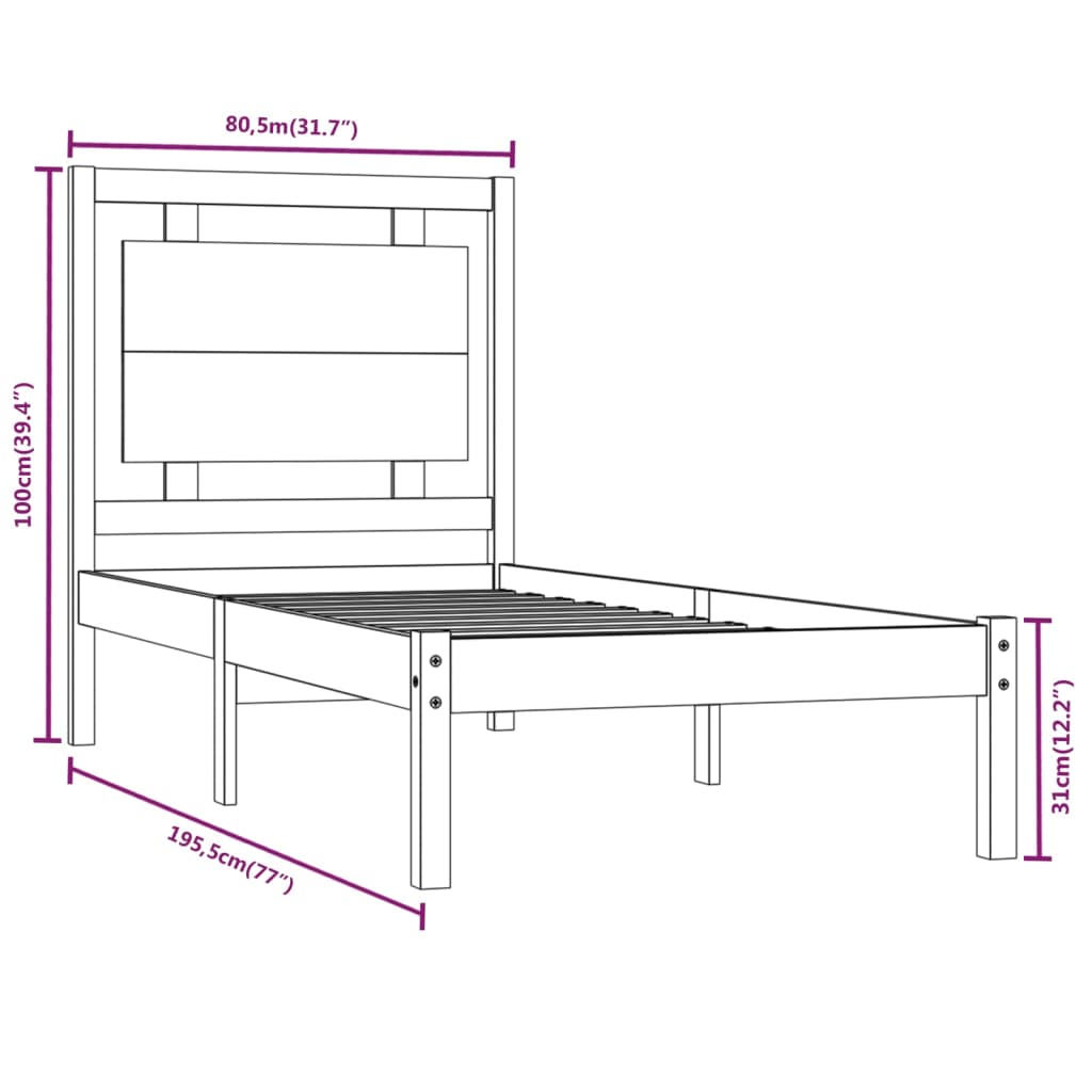 Cadru de pat mic single, 75x190 cm, lemn masiv