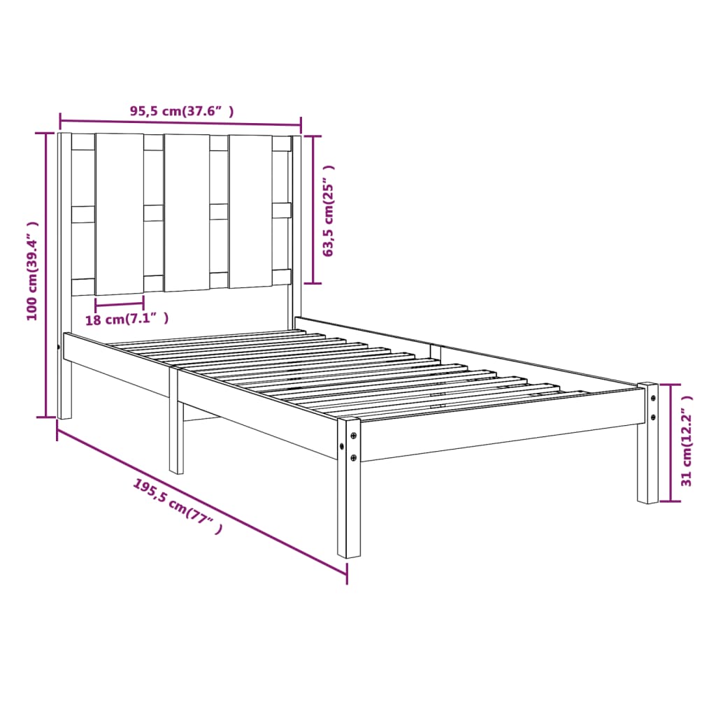 Cadru de pat single, alb, 90x190 cm, lemn masiv