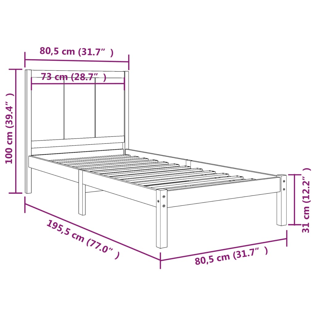 Cadru de pat mic single, alb, 75x190 cm, lemn masiv de pin