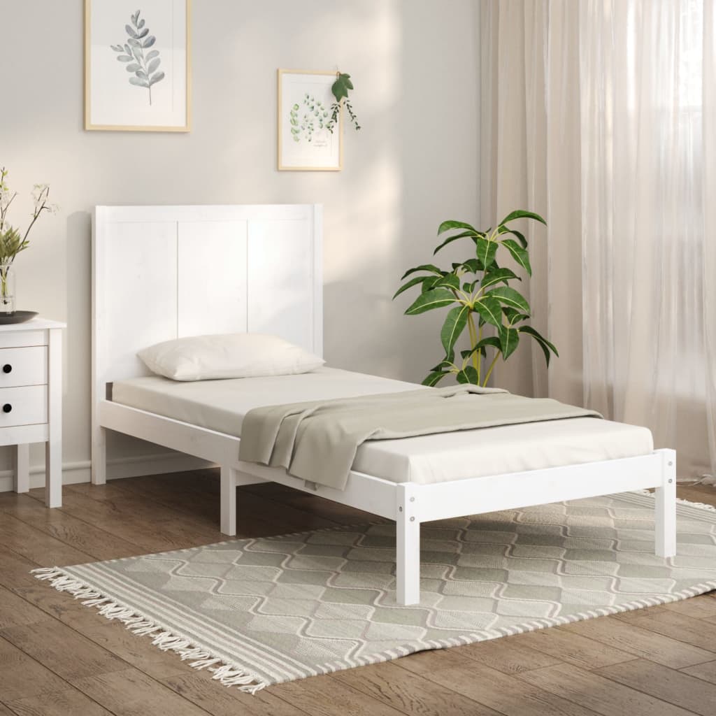 Cadru de pat mic single, alb, 75x190 cm, lemn masiv de pin