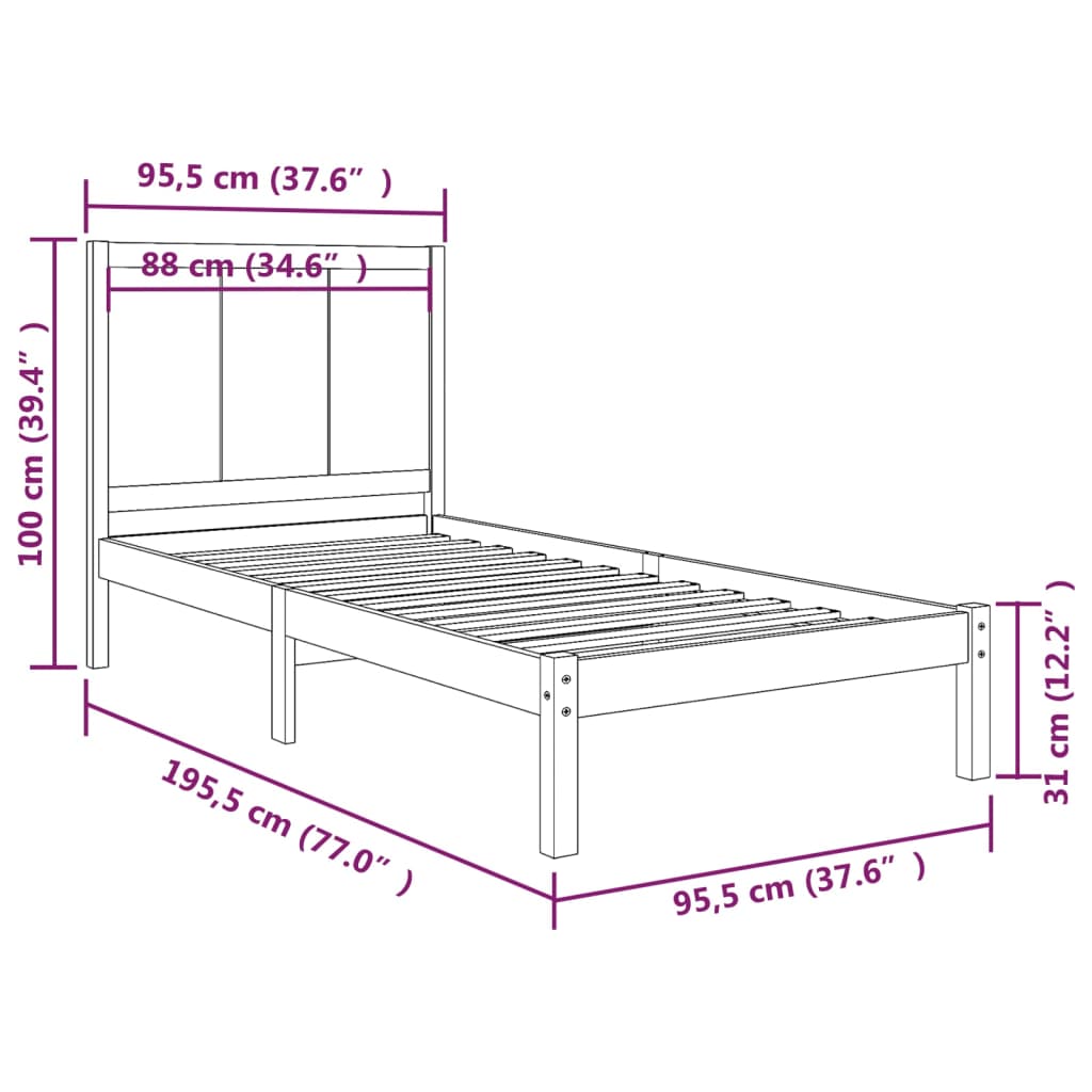 Cadru de pat single, 90x190 cm, lemn masiv de pin