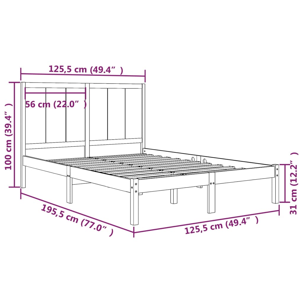 Cadru de pat mic dublu, negru, 120x190 cm, lemn masiv de pin