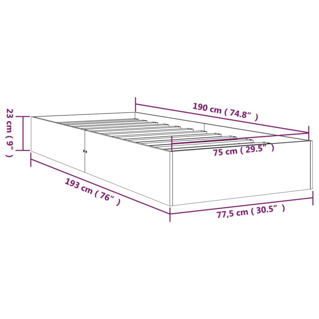 Cadru de pat mic single, 75x190 cm, lemn masiv