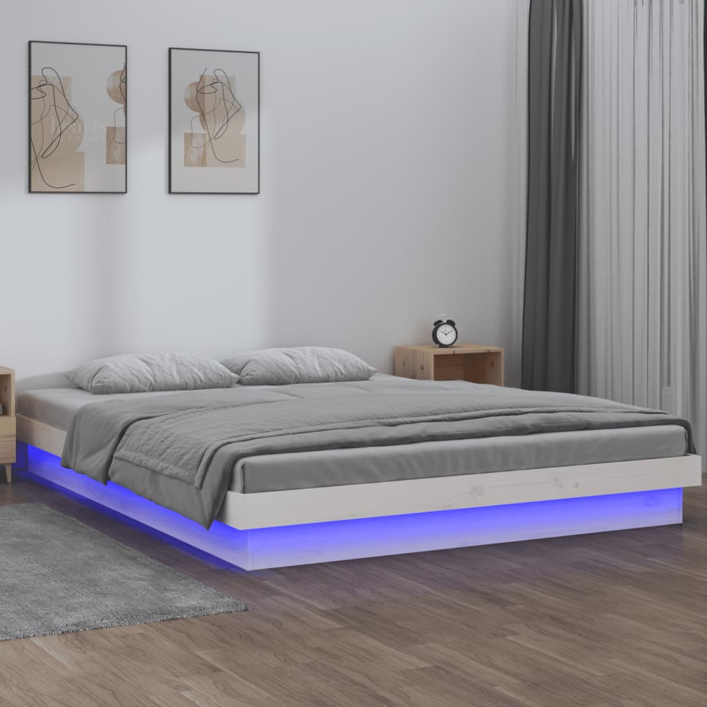 Cadru de pat cu LED, dublu, alb, 135x190 cm, lemn masiv