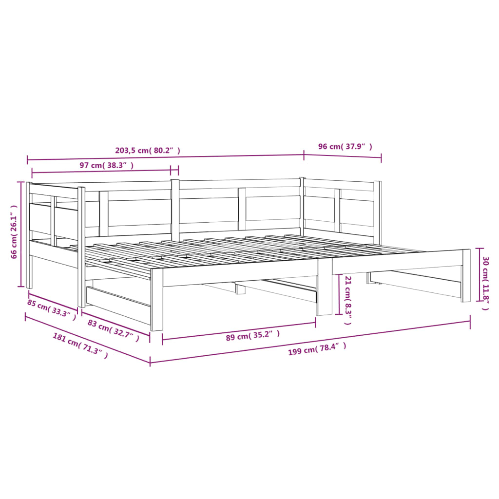 Pat de zi extensibil, negru, 2x(90x200) cm, lemn masiv de pin