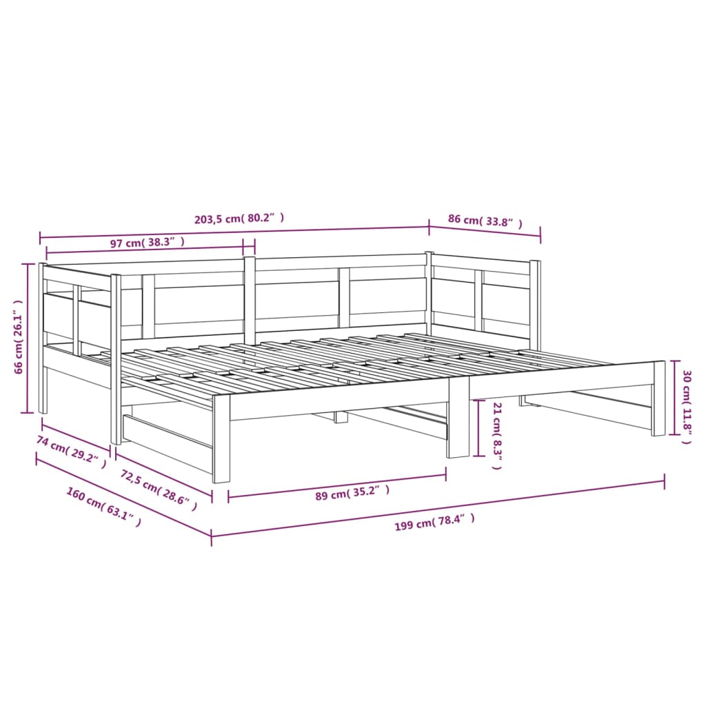 Pat de zi extensibil, 2x(80x200) cm, lemn masiv de pin