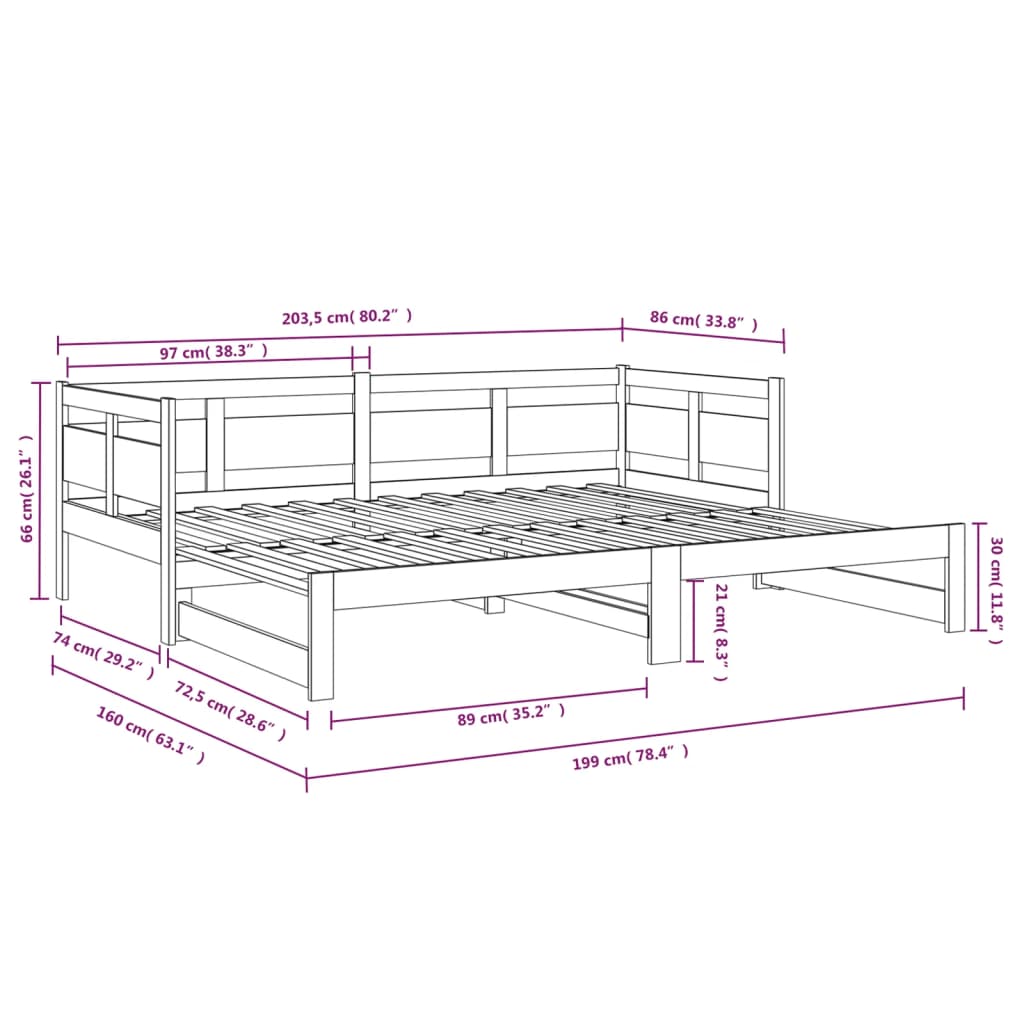 Pat de zi extensibil, alb, 2x(80x200) cm, lemn masiv de pin