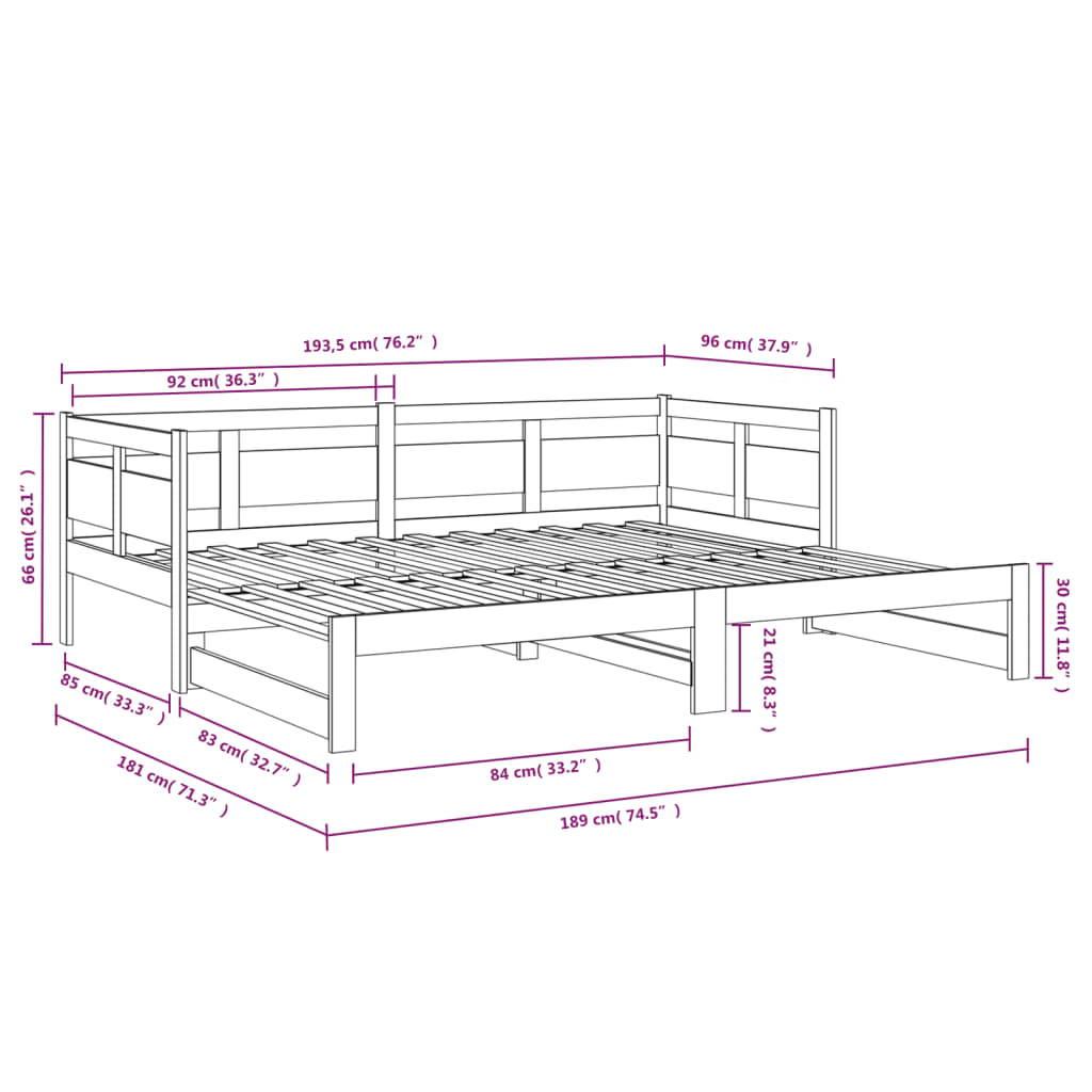 Pat de zi extensibil, 2x(90x190) cm, lemn masiv de pin