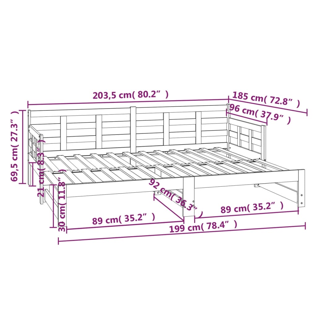 Pat de zi extensibil, negru, 2x(90x200) cm, lemn masiv de pin