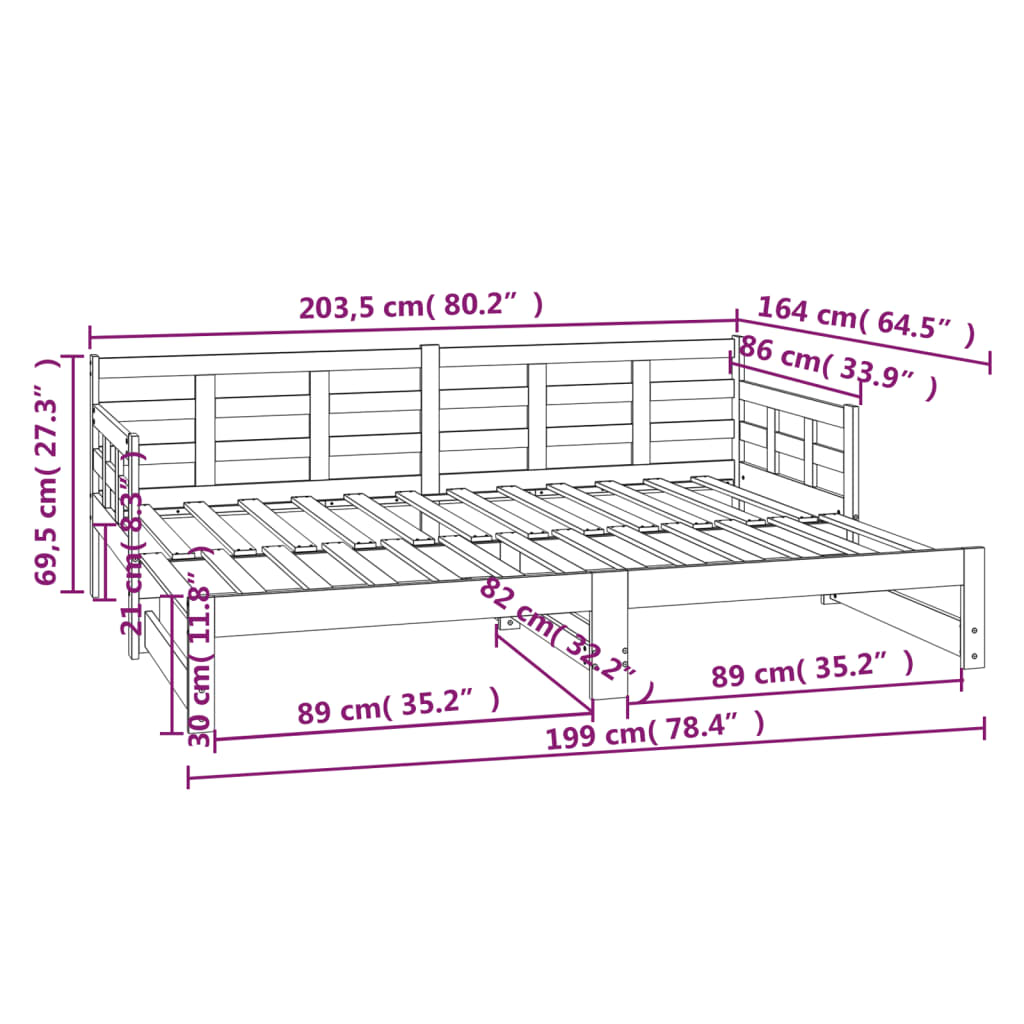 Pat de zi extensibil, 2x(80x200) cm, lemn masiv de pin