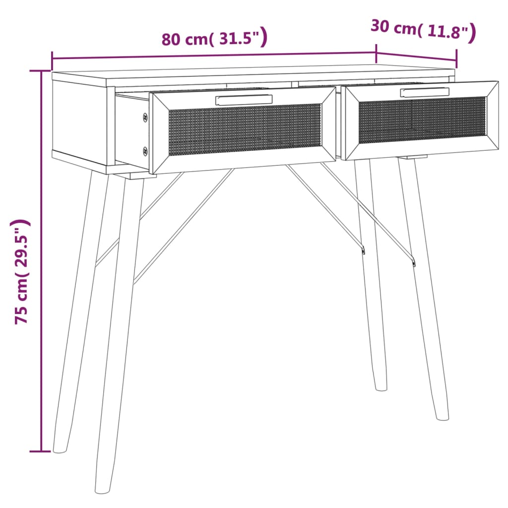 Masă consolă maro 80x30x75 cm lemn masiv pin și ratan natural