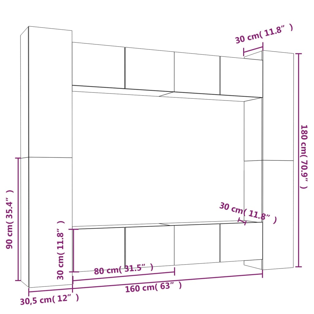 Set dulap TV, 8 piese, gri beton, lemn prelucrat